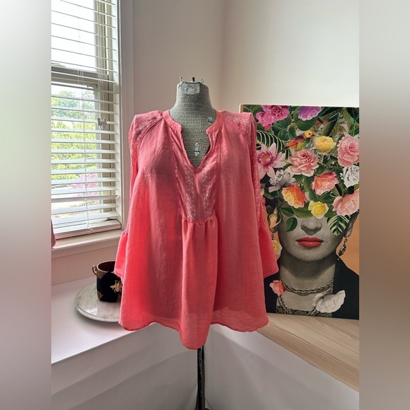 Zac & Rachel Tops - ZAC & RACHEL BOHO PEASANT TOP, CROCHET INLAY, CORAL Sz. 3X. LIGHT, AIRY, DRAPE